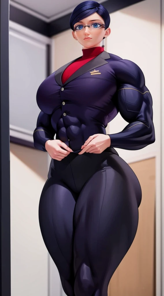 a muscular female bodybuilder in office suit, detailed face, beautiful detailed eyes, beautiful detailed lips, extremely detailed face and muscles, long eyelashes, strong muscles bulging through suit, dynamic pose, professional studio lighting, hyperrealistic, 8k, high quality, photorealistic, physically-based rendering, concept art, dramatic color palette,(abs)