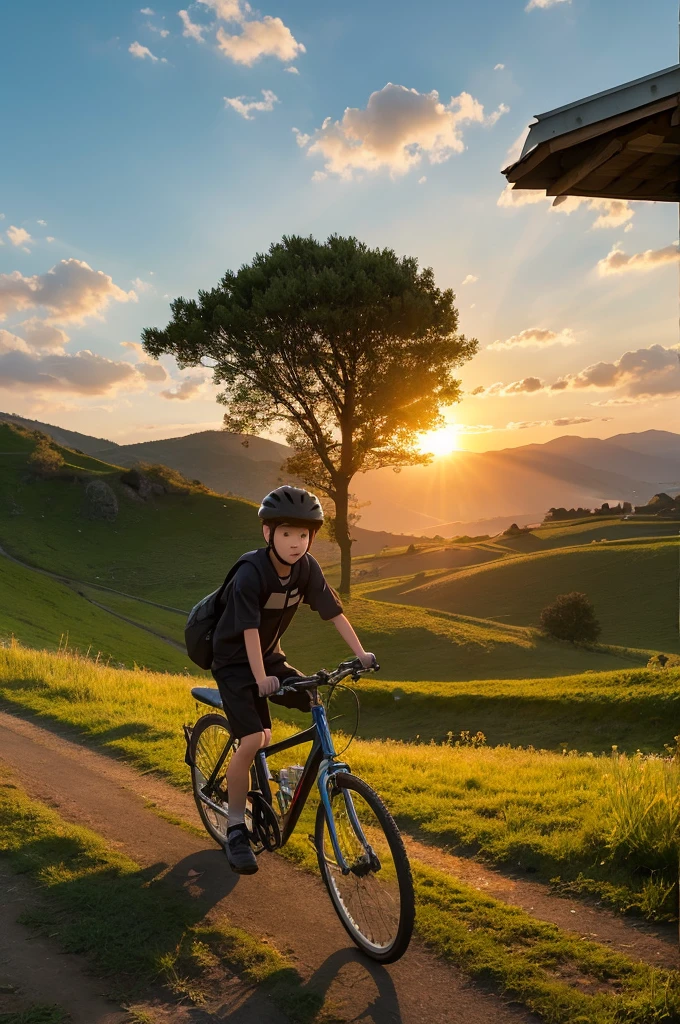 I wanted to create a more anime-esque image of a boy riding his bike down a hill in the countryside with the sun rising behind him.