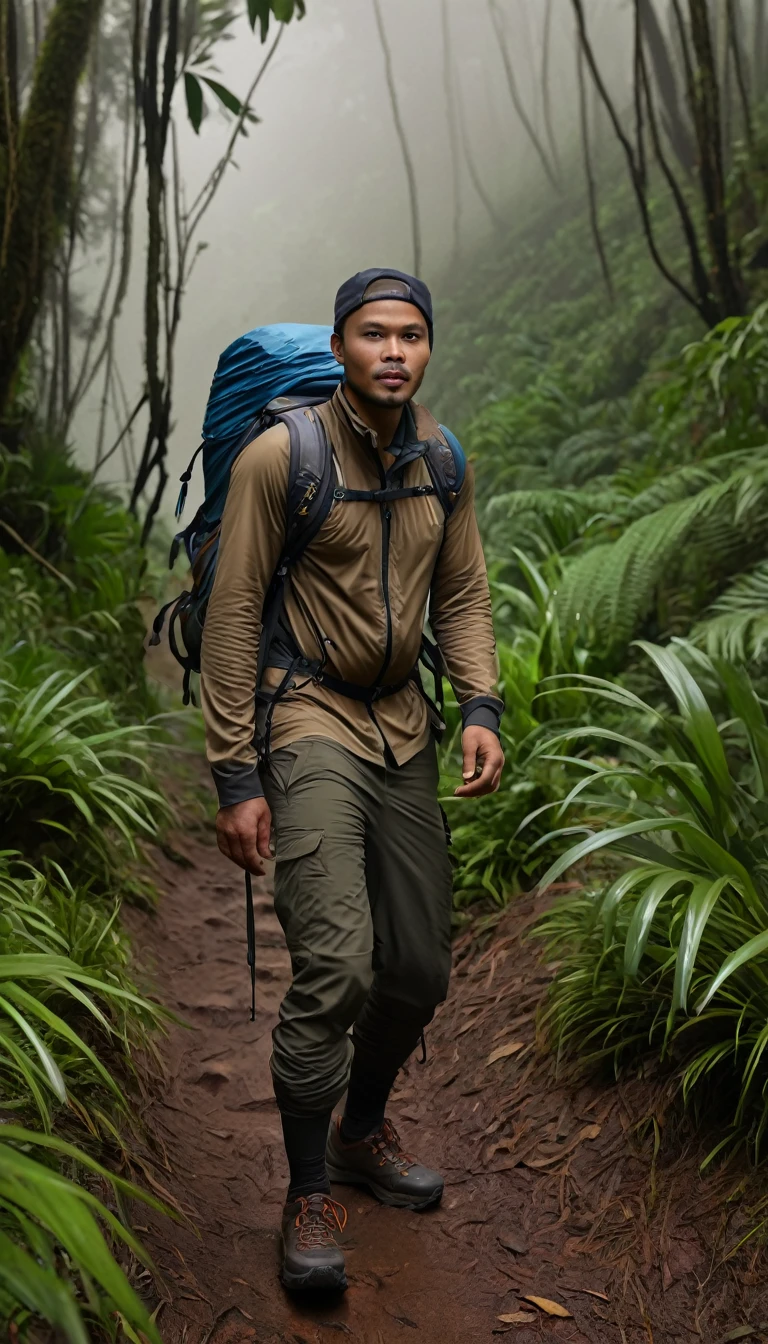 full body shot of (abbie_cornish:0.6) indonesian man 37 yo, wearing trekking outfit,nwalking at foggy mountain jungle trails, incredibly detailed, lips, realistic, solo, brown skin tone, ,best quality, Intricate, High Detail, dramatic, front view