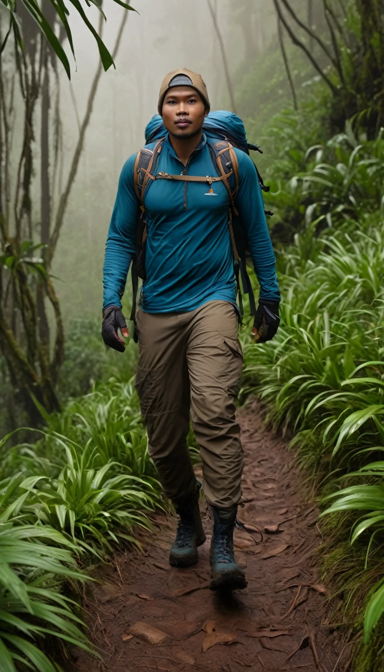 full body shot of (abbie_cornish:0.6) indonesian man 37 yo, wearing trekking outfit,nwalking at foggy mountain jungle trails, incredibly detailed, lips, realistic, solo, brown skin tone, ,best quality, Intricate, High Detail, dramatic, front view