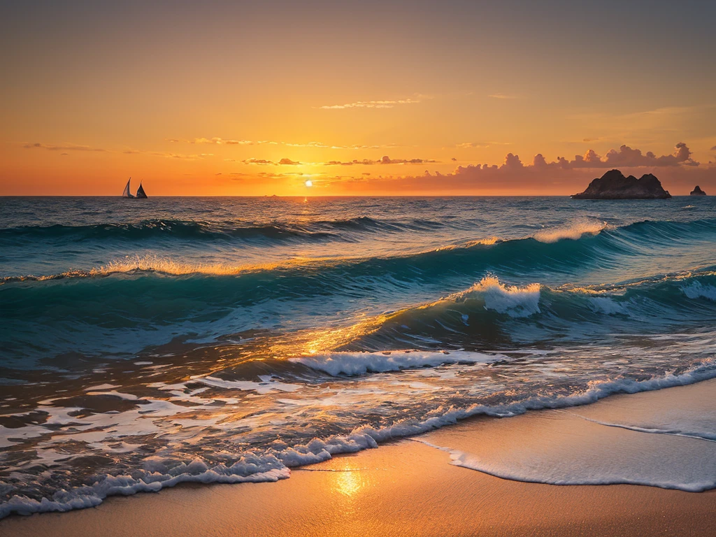 Blue Coast: A breathtaking seascape painting with the highest details and masterpiece quality. The coastline is adorned with vibrant azure waters that gently lap against the shoreline, creating a serene and tranquil atmosphere. The sun begins to set, casting a warm, golden glow over the scene, illuminating the waves and the intricately textured sand. In the distance, you can see the silhouettes of sailboats gliding effortlessly through the water, their sails catching the soft light of the setting sun. The background is filled with the depth of fields, showcasing the lush vegetation and the rolling hills that rise up from the coast. 