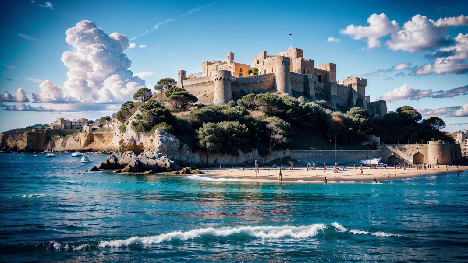 (Castell de Eivissa beach in Ibiza, Spain, background with water, yachts, boats, detailed architecture, people, vibrant atmosphere), (best quality,4k,8k,16k,Highest,masterpiece:1.2),(realistic,photorealistic,photo-realistic:1.37), (extremely detailed CG unit, 16k wallpaper), 16k UHD, 16k HDR, Fujifilm XT3 sharp focus, professional lighting, vivid colors, intricate details, film grain, Fujifilm XT3 realistic painting art, f5.6, physically-based rendering, natural lighting, cinematic lighting ,dramatic lighting, professional, dynamic movement, colorful lighting, vibrant colors, studio lighting, professional photography, cinematic composition, symmetrical framing, landscape,