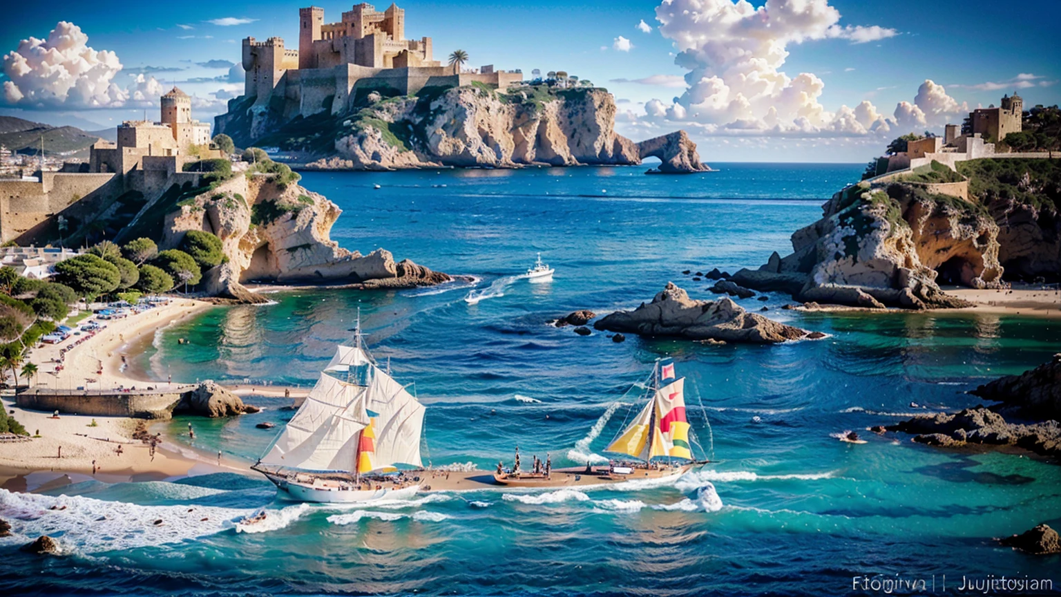 (Castell de Eivissa beach in Ibiza, Spain, background with water, yachts, boats, detailed architecture, people, vibrant atmosphere), (best quality,4k,8k,16k,Highest,masterpiece:1.2),(realistic,photorealistic,photo-realistic:1.37), (extremely detailed CG unit, 16k wallpaper), 16k UHD, 16k HDR, Fujifilm XT3 sharp focus, professional lighting, vivid colors, intricate details, film grain, Fujifilm XT3 realistic painting art, f5.6, physically-based rendering, natural lighting, cinematic lighting ,dramatic lighting, professional, dynamic movement, colorful lighting, vibrant colors, studio lighting, professional photography, cinematic composition, symmetrical framing, landscape,