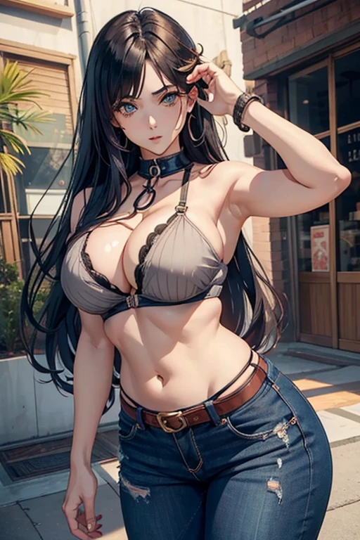 1 Girl, Cute face, long hair, , Freaky, jojo anime, Mature woman, (((Full and soft breasts,)))(((Large Breasts))) (((Cleavage)))JOJO's Bizarre Adventure, fashionable woman, Black Hair, Brown eyes, Large target , Metal band shirt, jeans, Italian streets, Dramatic, Detailed features, Solitary ((best quality)), ((Perfectly generated))