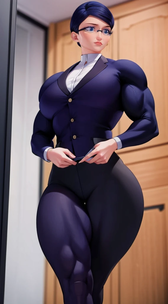 a muscular female bodybuilder in office suit, detailed face, beautiful detailed eyes, beautiful detailed lips, extremely detailed face and muscles, long eyelashes, strong muscles bulging through suit, dynamic pose, professional studio lighting, hyperrealistic, 8k, high quality, photorealistic, physically-based rendering, concept art, dramatic color palette,(abs)