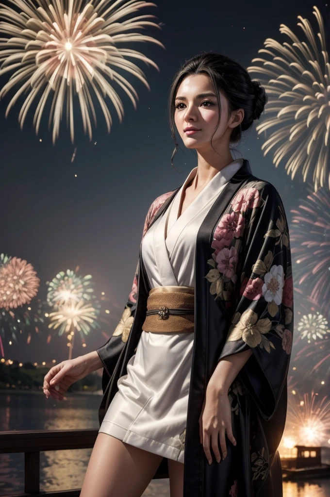 masterpiece, best quality, extremely detailed, hyperrealistic:1.1, photorealistic, a beautiful 20s russian model, ultra detailed face:1.1, white japanese yukata, black kimono cardigan, half updo, black hair, fireworks festival, detailed fireworks:1.1, fireworks burst in a multitude of vibrant hues, each explosion is intricately detailed with sparks and captivating rails, the night sky is clear and the stars twinkle in the background, a shot from head to knee, laughing