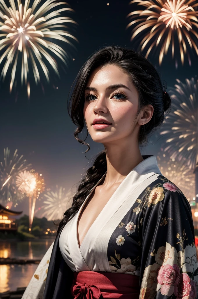 masterpiece, best quality, extremely detailed, hyperrealistic:1.1, photorealistic, a beautiful 20s russian model, ultra detailed face:1.1, white japanese yukata, black kimono cardigan, half updo, black hair, fireworks festival, detailed fireworks:1.1, fireworks burst in a multitude of vibrant hues, each explosion is intricately detailed with sparks and captivating rails, the night sky is clear and the stars twinkle in the background, a shot from head to knee, laughing