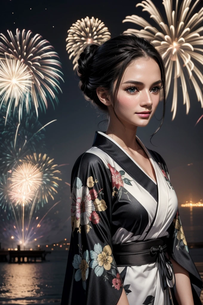 masterpiece, best quality, extremely detailed, hyperrealistic:1.1, photorealistic, a beautiful 20s russian model, ultra detailed face:1.1, white japanese yukata, black kimono cardigan, half updo, black hair, fireworks festival, detailed fireworks:1.1, fireworks burst in a multitude of vibrant hues, each explosion is intricately detailed with sparks and captivating rails, the night sky is clear and the stars twinkle in the background, a shot from head to knee, laughing