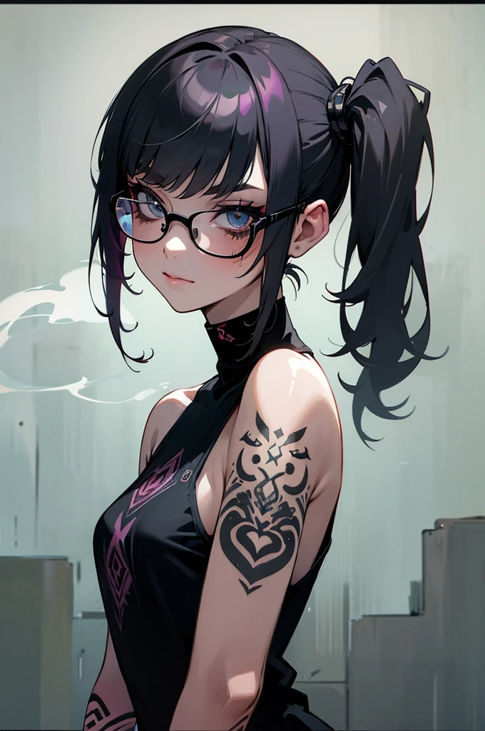 realistic,photorealistic,photo-realistic:1.37,4k,8k,highres,masterpiece:1.2,ultra-detailed,detailed tattoo,detailed tattoo on back,beautiful detailed eyes,beautiful detailed lips,extremely detailed eyes and face,long eyelashes,naked female figure,big butt,short dark hair,tied black hair((Beautiful nipples))((Lying face down on the bed))((Many tattoos all over the body))((Intellectual glasses))((Very Short Hair))