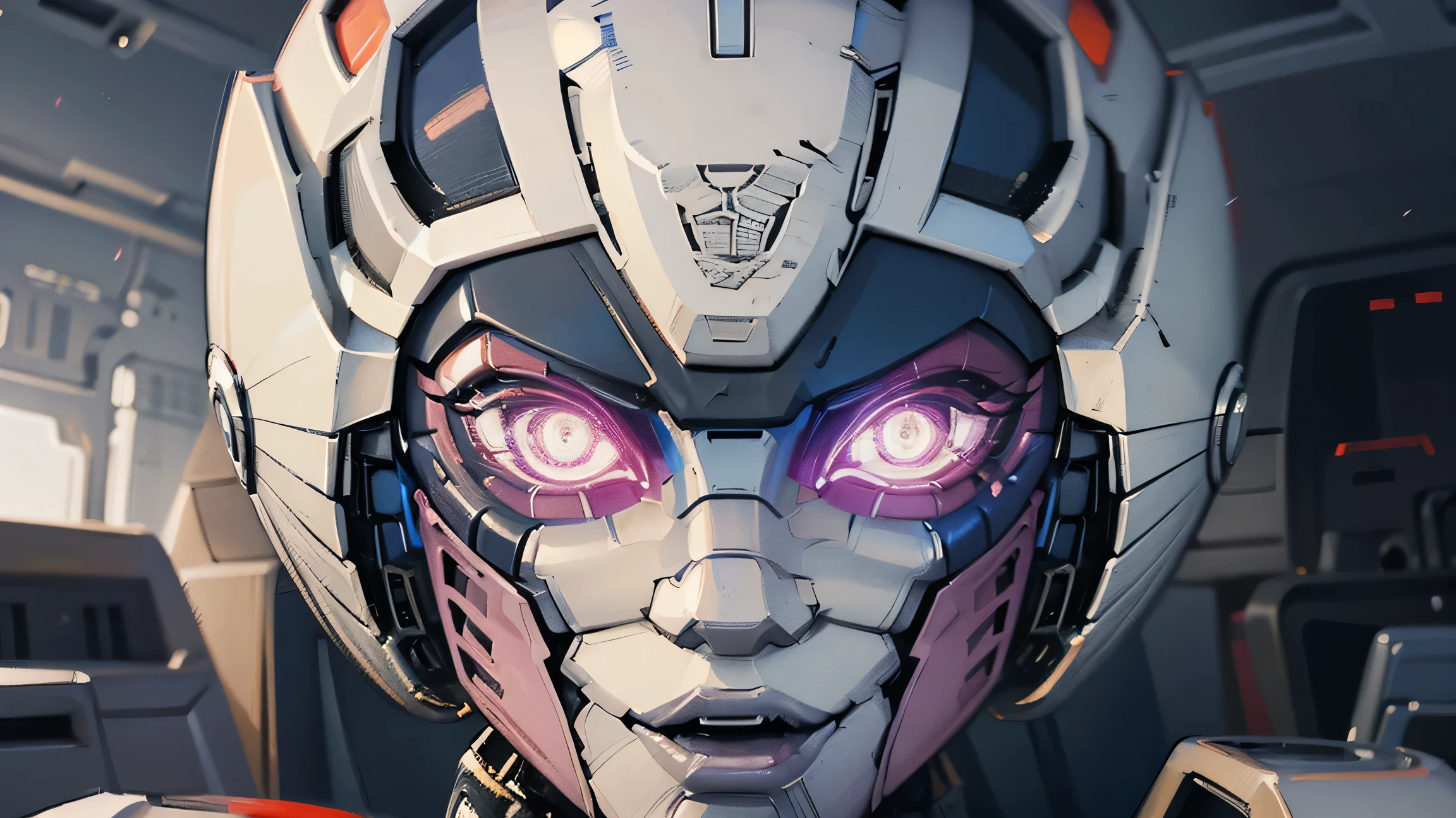 ROTB_Arcee, 1 chica, sonrisa, robot, mecha, (ojos brillantes:1.2), face reference, face focus, frontal de cara, retrato, referencia de cara, de frente , mirando al espectador. viendo de frente, cara completa, busto de pecho hacia arriba