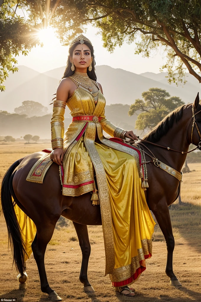 Title: "Regal Radiance: The Indian Queen on Horseback"

Description: In a sweeping landscape of sun-kissed plains, a majestic Indian queen sits astride a regal horse adorned with intricate gold trappings. Her elegant attire, embellished with jewels and vibrant silks, contrasts with the horse's gleaming golden shoes, reflecting the sun's rays. The queen's demeanor exudes grace and power, embodying the rich cultural heritage and royal lineage of ancient India.