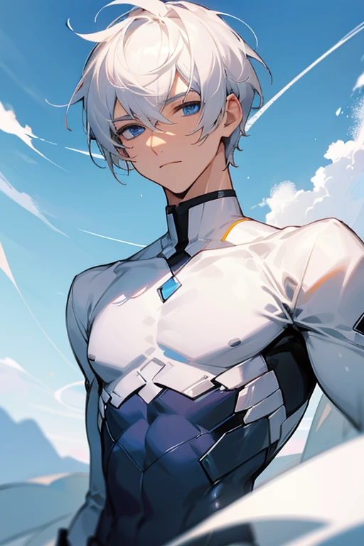 1 men, short White hair, beautiful face, defined body, sky blue eyes