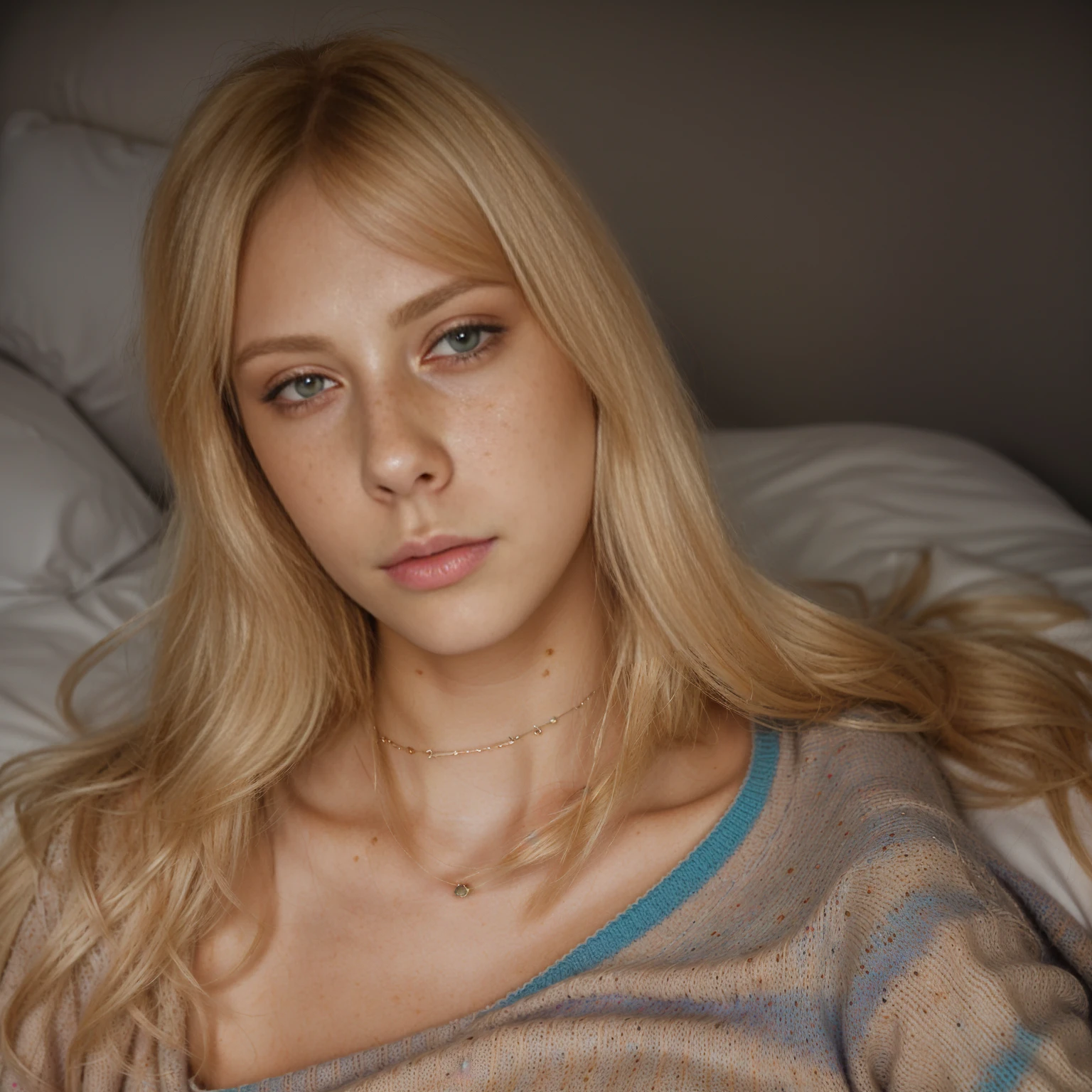 there is a woman with blonde hair and a colorful sweater, soft portrait shot 8 k, wlop glossy skin, ethereal vaporous tan skin, sultry expression, stylized portrait h 0, hyperrealistic teen, bedroom eyes, soft freckles, inspired by Károly Lotz, realistic face moody lighting, sleepy fashion model face