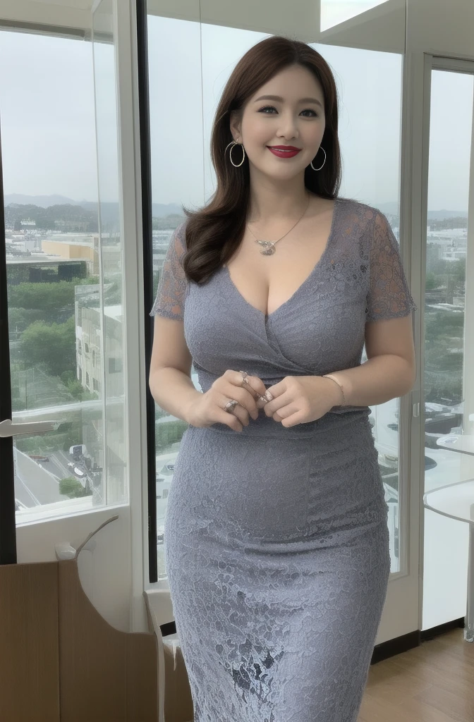 1 Female, Highly detailed 8k wallpaper), Sharp focus, detailed, dramatic, Delicate and beautiful woman, (upturned chest with tension:1.1), Cleavage, Chic lace embossed business dress, Half Butterfly Earrings, double ring necklace, (Wicked Smile:1.05), (45 years old, : 1.4), (heavy, Fat body: 1.4), compensate, (lipstick: 1.1), (eyeliner: 1.2), mascara, eye shadow, Wavy Hair, Dynamic Angle, ( Plus Size Model), (Red lips)Beautiful graphics, Modern office with a view, Wide windows, Please show me your whole body, Standing by the window,