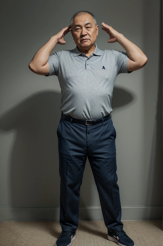 Real realistic 4D caricature photo, big head, full body, old man with Asian face, 60 years old, clean face, round face, gray buzzcut hair, slightly chubby body, wearing blue bright polo shirt, formal black trousers, formal black shoes, standing pose while facing the front and his hands are raised to the front while showing a gesture l 🤞atau love, gray background
