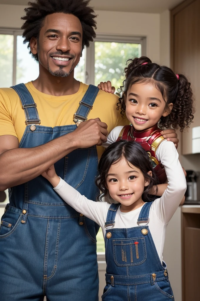 Pixar style image of a father and daughter: In the center of the image, the father (he have brown skin,short black hair, without beard, wearing a Iron Man costume) smiles joyfully at his four-
year-old daughter (she have brown skin, shoulder-length
curly hair tied up high, wearing denim overalls). With them is a Maine Coon cat