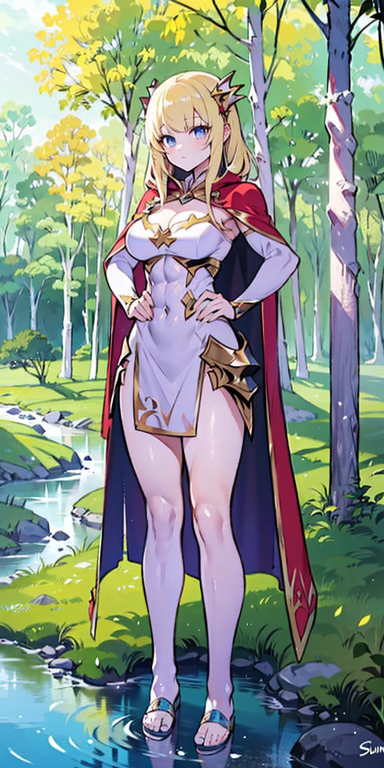 full body toe to head, masterpiece, 1soloMILF BIMBO standing pose long cape, strong body, abs, shiny skin (masterpiece, best quality) 1girlsolo (the empress:1.15) (red cape) curtain, armored dress, queen dress, aurora (sunshine, sky, river, forest)