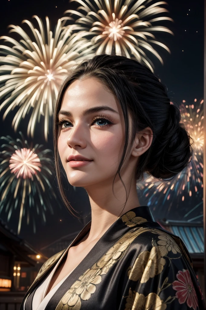 masterpiece, best quality, extremely detailed, hyperrealistic:1.1, photorealistic, a beautiful 20s russian model, ultra detailed face:1.1, white japanese yukata, black kimono cardigan, half updo, black hair, fireworks festival, detailed fireworks:1.1, fireworks burst in a multitude of vibrant hues, each explosion is intricately detailed with sparks and captivating rails, the night sky is clear and the stars twinkle in the background, medium shot, laughing