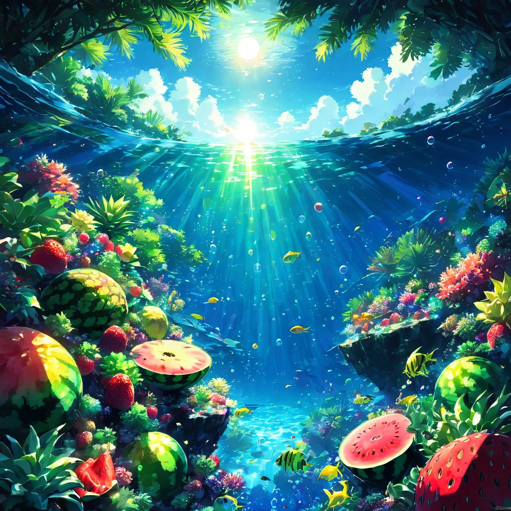 Coral礁, Coral, Ocean, 深Ocean, green, fish, 熱帯fish, Colorful, Light, Shadow, Bubble, water surface, moonlight, night, Silence, mysterious, fruits, fruit, pineapple, watermelon, melon, strawberry, cut, cross section, fresh, colorful, Fantasy,beautiful Anime Scenery, Landscape painting, Beautiful digital painting, Andreas Rocha, Beautiful artwork illustration, Awesome Wallpapers, Raymond Han, Tall beautiful paintings, スタジオグリブリー 新Ocean誠, Beautiful Wallpapers, Anime Scenery