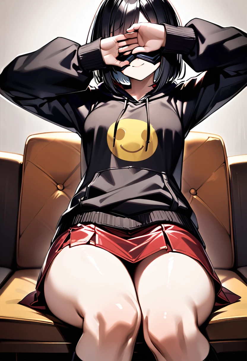 edgy girl, black hoodie, black hair, bob cut, red miniskirt, high socks, black mask covering her face with a yellow smile on it. Amazing quality