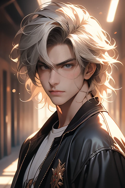 (tmasterpiece, high resolution, ultra - detailed:1.0), (1 boy, Young male, masculine face), Perfect male body, Adult male, Delicate eyes and delicate face, Extremely detailed CG, Unity 8k wallpaper, Complicated details, Detailed face, (blond hair, messy hair, serious faces, white T-shirt,Bad students), (frown,evil smile:1.3), hand in pocket, school corridor,black leather jacket, color difference, Depth of field, dramatic shadow, Ray tracing, Best quality, Cinematic lighting, offcial art,Portrait
