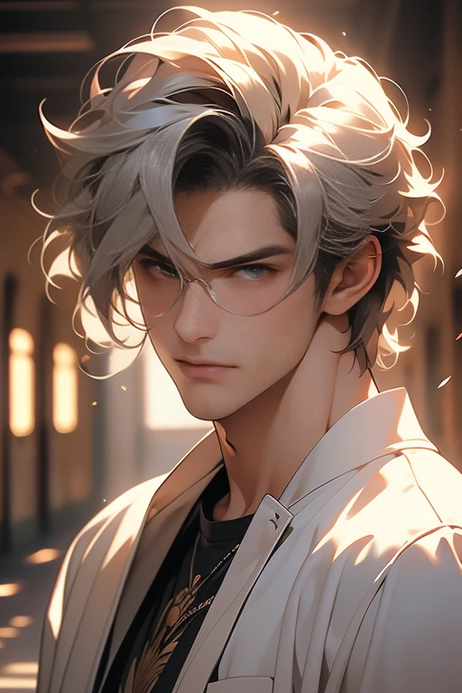 (tmasterpiece, high resolution, ultra - detailed:1.0), (1 boy, Young male, masculine face), Perfect male body, Adult male, Delicate eyes and delicate face, Extremely detailed CG, Unity 8k wallpaper, Complicated details, Detailed face, (blond hair, messy hair, serious faces, white T-shirt,Bad students), (frown,evil smile:1.3), hand in pocket, school corridor,black leather jacket, color difference, Depth of field, dramatic shadow, Ray tracing, Best quality, Cinematic lighting, offcial art,Portrait