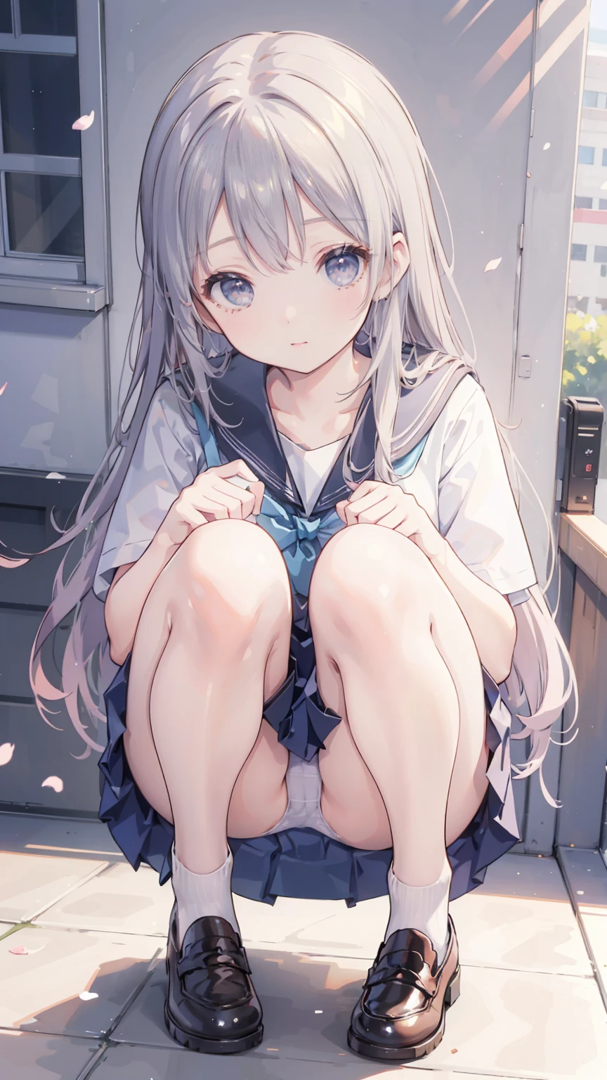 (Realistic, Photo Real:1.2), ((highest quality)), Shift the center of gravity backwards, Quite embarrassing, Cute Panties, (Showing panties:1.4),Tight Skirt, (Super Skirt:1.3), (Please lift your skirt:1.3), (squat:1.4), Put your heels on the ground, Spread your legs a little, squat,Kneesup, Get your ass on the ground, black penny loafers, Beautiful facial details, Real human skin, Gentle expression, Front view, From belowのアングル, Realistic, Realistic, cute, Short skirt, Squatting on campus, cute school girl, Japanese school girl uniform, Sailor suit, whole body,(Displaying the viewer:1.2), from the front, From below, Perfect Face、Perfect Eyes, Thin legs, slender, Perfect panties、Embarrassed look、Thin thighs、Small Ass、Peeing、Wet Panties、Reverse Shooting