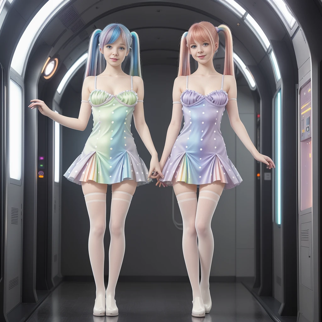 Cute redhead, gravure Idol, with rainbow colored hair tips, ribbons in her hair, 18-year-old woman, happy, in twin tails, perfect symmetrical eyes, clear sparkling blue eyes, pale skin, silky smooth skin, standing on a fancy luxurious space ship, large futuristic corridor, control panels, wood trim, decorative plants, warm lighting, wearing a futuristic  dress, pleated (chemise) mini dress (pastel rainbow colors, and polka dots), wearing full body pantyhose, cute short cut booties.