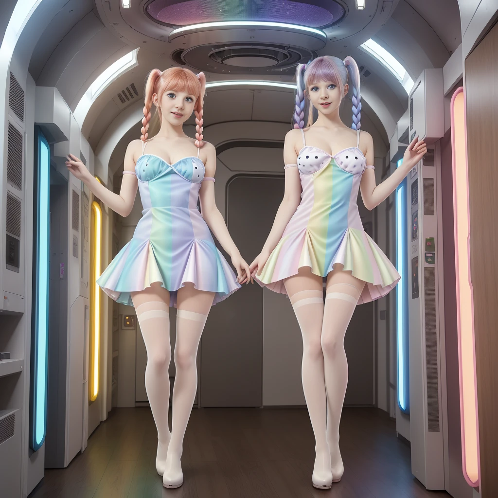 Cute redhead, gravure Idol, with rainbow colored hair tips, ribbons in her hair, 18-year-old woman, happy, in twin tails, perfect symmetrical eyes, clear sparkling blue eyes, pale skin, silky smooth skin, standing on a fancy luxurious space ship, large futuristic corridor, control panels, wood trim, decorative plants, warm lighting, wearing a futuristic dress, pleated (chemise) mini dress (pastel rainbow colors, and polka dots), wearing full body pantyhose, cute short cut booties.
