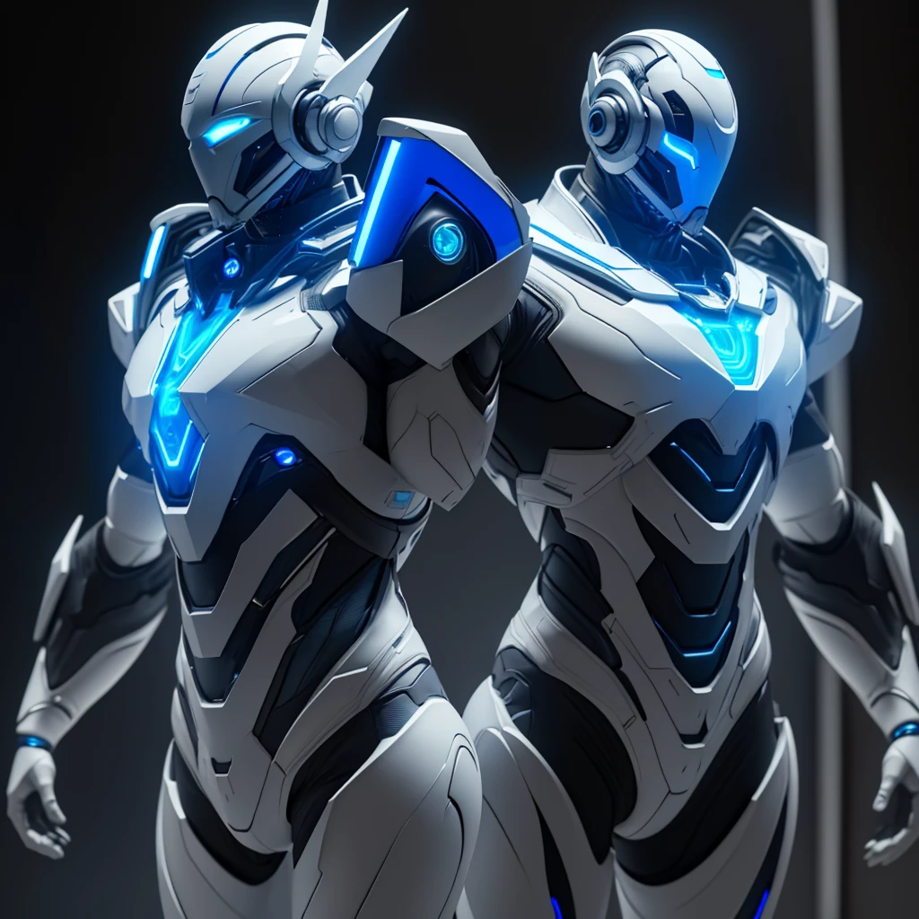 Dronificated unknown man in a fully enclosed white latex fullbody suit with blue lights across the suit and star shaped glowing core in the chest, fully enclosed cyber helmet that cover her whole face and hides his identity with a blue screen that has a white star, muscular, strong, in a storage, no face, no hair, no mouth, no eyes, (perfect anatomy)