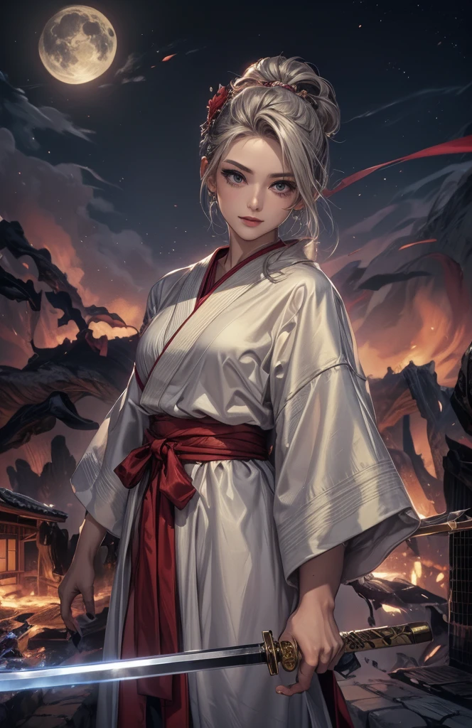 Starry Sky、Silver latex kimono、Adult women、Slit eyes、Beautiful Face、Red floral kimono、He holds a Japanese sword in his left hand.、A house is on fire in the foreground、The whole town is on fire、Moonlit Night、Glossy kimono、Smoke billows from the fire