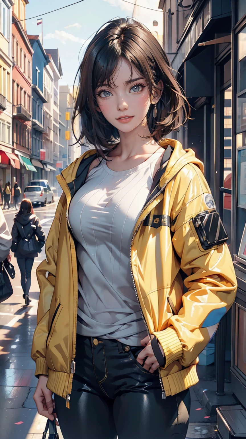 girl, Yellow Jacket, Put your hands in your pockets, Gazing at Other People, Long black hair, heterochromatic eyes, heterochromatic eyes, Heterochromatic pupil, 8K resolution, Very detailed, Anatomically correct, Digital Painting, Concept Art, Makoto Shinkai style, Clear images,