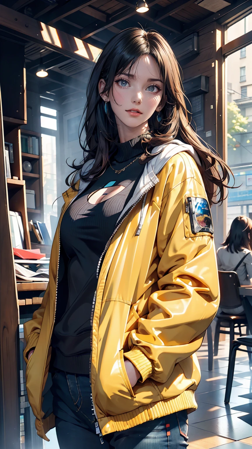 girl, Yellow Jacket, Put your hands in your pockets, Gazing at Other People, Long black hair, heterochromatic eyes, heterochromatic eyes, Heterochromatic pupil, 8K resolution, Very detailed, Anatomically correct, Digital Painting, Concept Art, Makoto Shinkai style, Clear images,