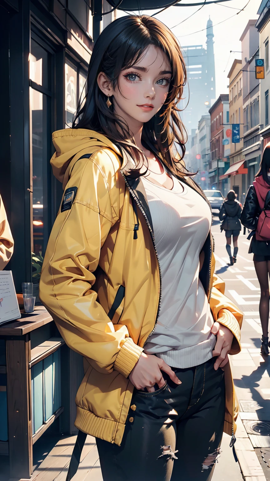 girl, Yellow Jacket, Put your hands in your pockets, Gazing at Other People, Long black hair, heterochromatic eyes, heterochromatic eyes, Heterochromatic pupil, 8K resolution, Very detailed, Anatomically correct, Digital Painting, Concept Art, Makoto Shinkai style, Clear images,