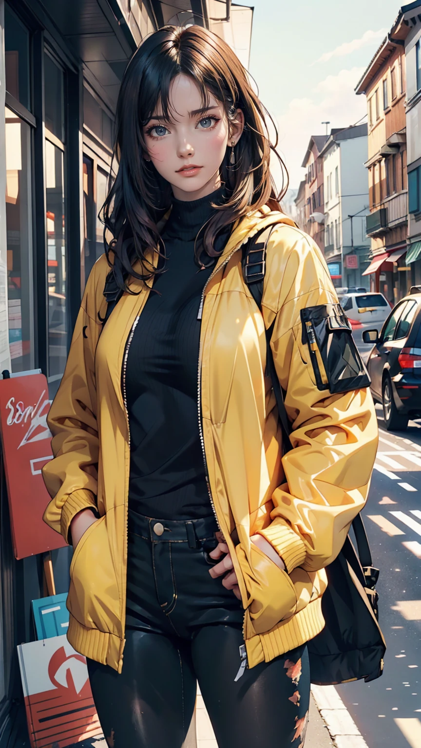 girl, Yellow Jacket, Put your hands in your pockets, Gazing at Other People, Long black hair, heterochromatic eyes, heterochromatic eyes, Heterochromatic pupil, 8K resolution, Very detailed, Anatomically correct, Digital Painting, Concept Art, Makoto Shinkai style, Clear images,  