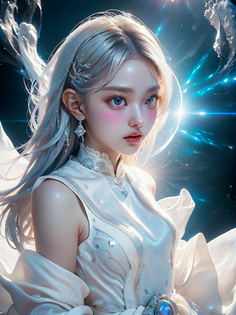 4K Ultra HD, masterpiece, A girl with a magical aura, Nice face, Long Hair, Shiny Hair, Fine grain, Glossy lips, Nude 1.5, Aura around the body, Magical Effects, Spreading white light, Cosmic elements and ethereal atmosphere, A mix of bright lights and colorful nebulae, Space Background,, Full Body Capture.(((Whitening 1.5)))、Silver Hair、(((Wearing white cloth 1.5)))、Hair and fabric fluttering in the wind、、Full Body Shot、Open your mouth、(((1.5)))、