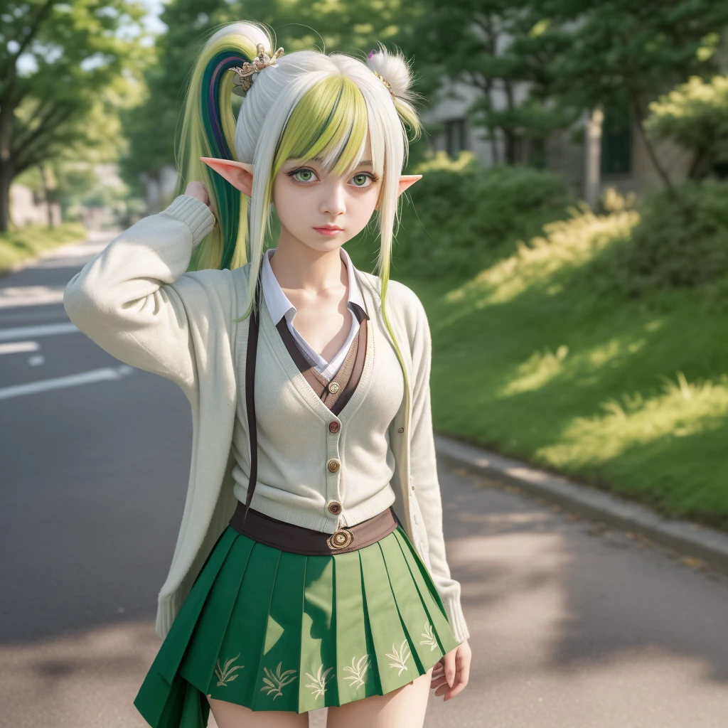 masterpiece , best quality,nahida(genshin impact) ,1girl , small breast,long hair ,side ponytail, hair ornament , white hair , green hair , hand behind head:1.5,multicolored hair, elf , pointy ears , , skirt ,cardigan,road , street,looking at the viewers