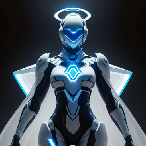 Dronificated unknown woman in a fully enclosed white latex fullbody suit with blue lights across the suit and star shaped glowing core in the chest, fully enclosed cyber helmet that cover her whole face and hides her identity with only two glowing blue lines in it's otherwise, empty black face, huge breast, narrow waist, wide hips and thick thigs, in a storage, no face, no hair, no mouth, no eyes