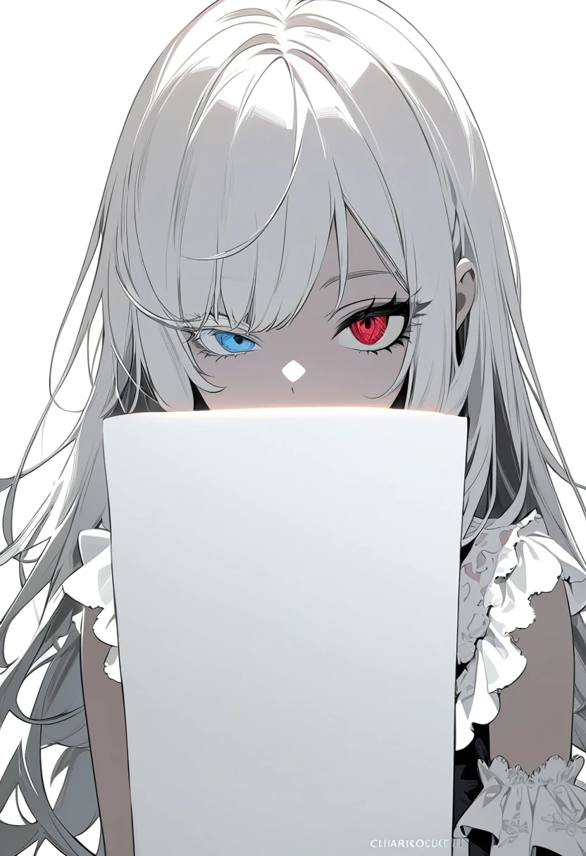 elegant gothic lolita dress, black and white hair, heterochromia iridum (right eye black, left eye white), otherworldly mysterious aura, chiaroscuro lighting, dramatic high contrast, minimalist black and white color palette, intricate detailed rendering, digital painting art style