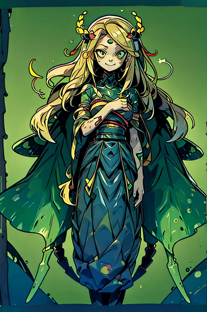 ((Masterpiece)), (((Top quality))), ((Ultra definition)), ((High quality face and limbs)), ((Arachne)), 1girl, sweet, kind, alone, young, soft, pure, semi human, monster musume, half spider body, spider legs, spider with big long legs and long arms, scary, bright blonde hair, very yellow hair, green skin, green clothes, dress of spiderwebs, green innocent eyes, flat chest, smiling with delight, arachnid style, main character, boss style, hades style, hadesstyle, hades2style, hades 2 style, Arachnea, silk weaver, Tartarus background, background with spider patterns, dragonfly background, dragonfly wings, moth antenas on head