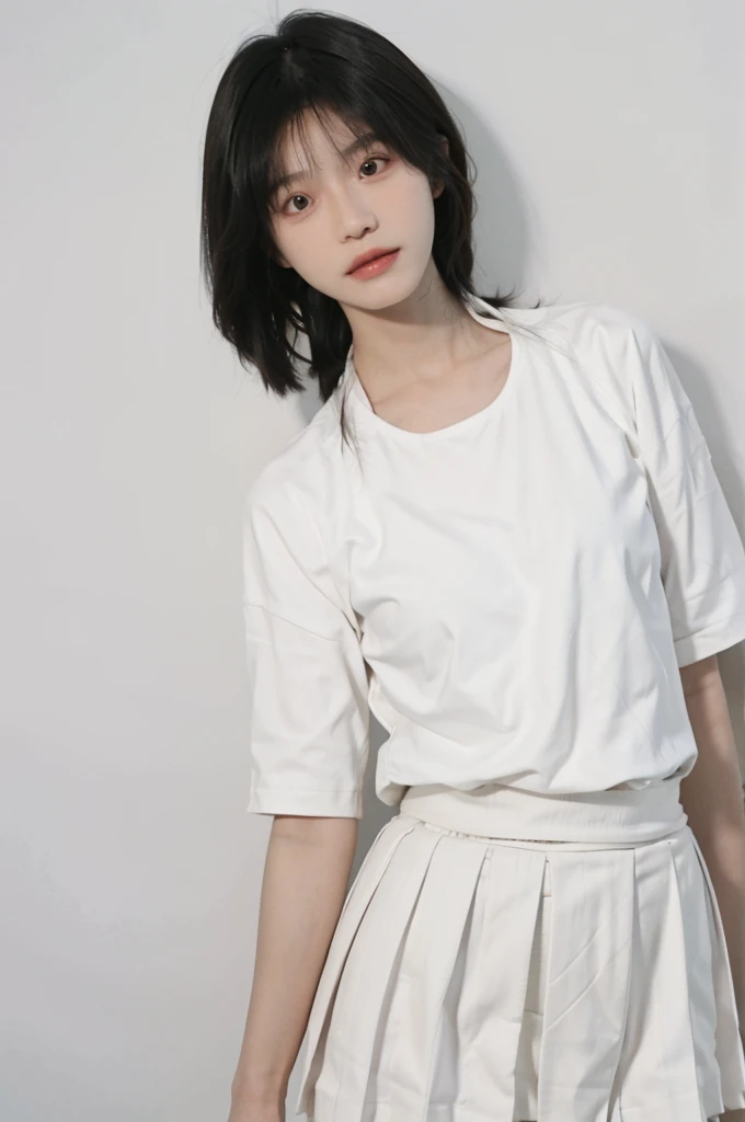 Beautiful woman with perfect figure:1.4,Ultra-high resolution,White background,(lifelike:1.4),Layered Hairstyle,White skin,Bikini:1.5,Super short pleated skirt,whole body,Very delicate face and skin texture,Double eyelids,Skin Whitening,short hair,White hair