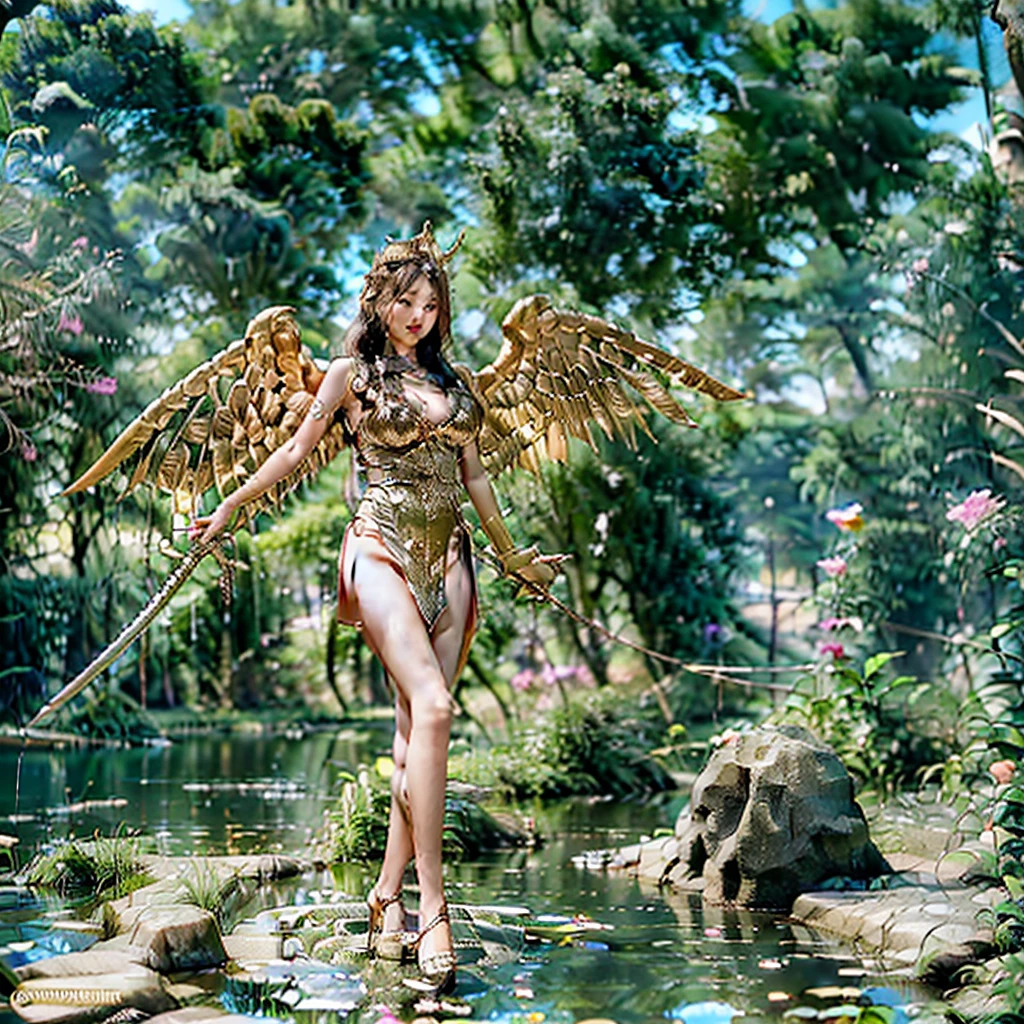 Indonesia cute girls, short dress in white and gold,with wings and a sword, wearing(dark) hijab,showing big breast,((take Sword)), (wearing gold wing crown), ((Wing-shaped gold ornament on the head)), ornate cosplay, as a mystical valkyrie, anime cosplay, glamourous cosplay, with fiery golden wings, cosplay, professional cosplay, goddess of light, cosplayer, perfect makeup, perfect face, beautiful face, beautiful body, beautiful ass, closed legs, ((castle background)), (flying body:1.0), (jewels:1.2), (Emitting light), (flying flowers:1.0), above clear water, of heaven.
