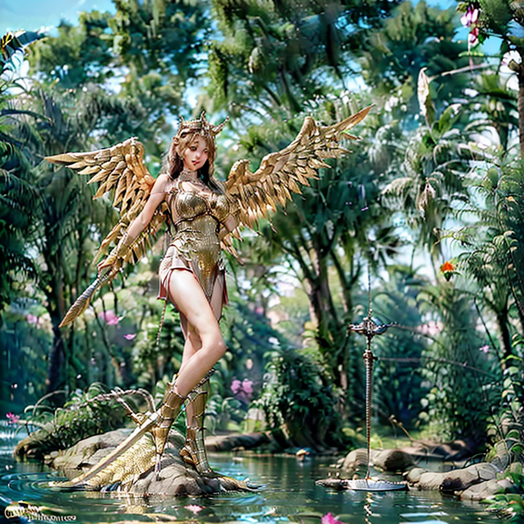 Indonesia cute teen girls, short dress in white and gold,with wings and a sword, wearing(dark) hijab,showing big breast,((take Sword)), (wearing gold wing crown), ((Wing-shaped gold ornament on the head)), ornate cosplay, as a mystical valkyrie, anime cosplay, glamourous cosplay, with fiery golden wings, cosplay, professional cosplay, goddess of light, cosplayer, perfect makeup, perfect face, beautiful face, beautiful body, beautiful ass, closed legs, ((castle background)), (flying body:1.0), (jewels:1.2), (Emitting light), (flying flowers:1.0), above clear water, of heaven.