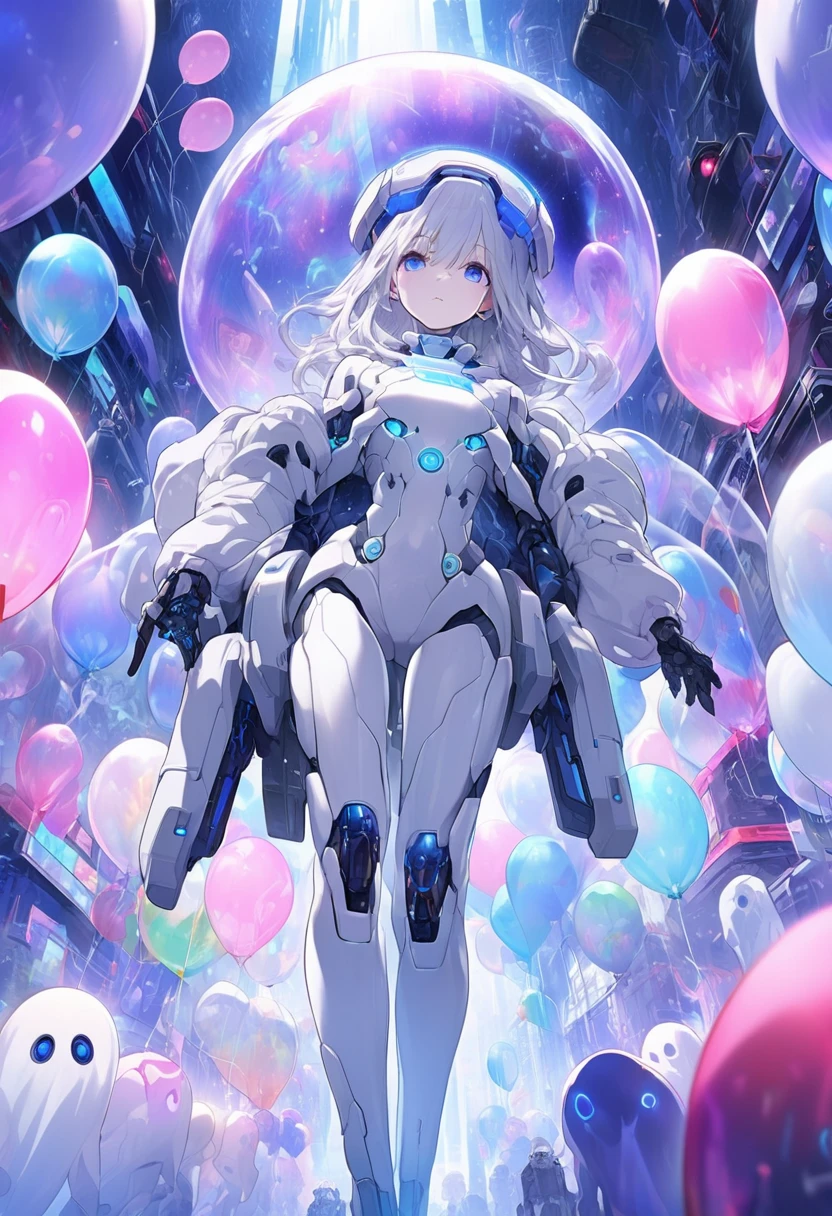 Real CG art of the creative world,A picture of a cyborg girl chasing colorful balloons in a cyber world.The girl has long white hair Blue and white cyborg style body,Body with a lot of exposed machinery,Clear blue neon light from the suit,No decoration on the head, (a cyber space like the anime Ghost in the Shell:1.5),At the end of the cyber space, there are lights and many colorful balloons.( The girl is reaching out and chasing the balloon:1.3),The girl's beautiful hair texture, beautiful face,Beautiful depiction of the cyber suit mechanism,Beautiful depiction of balloons,The feeling of no writing in the cyberspace,A perspective looking up at the balloon from below.(Masterpiece, Best Quality, 4k, 8k,1.2) Ultra Detail