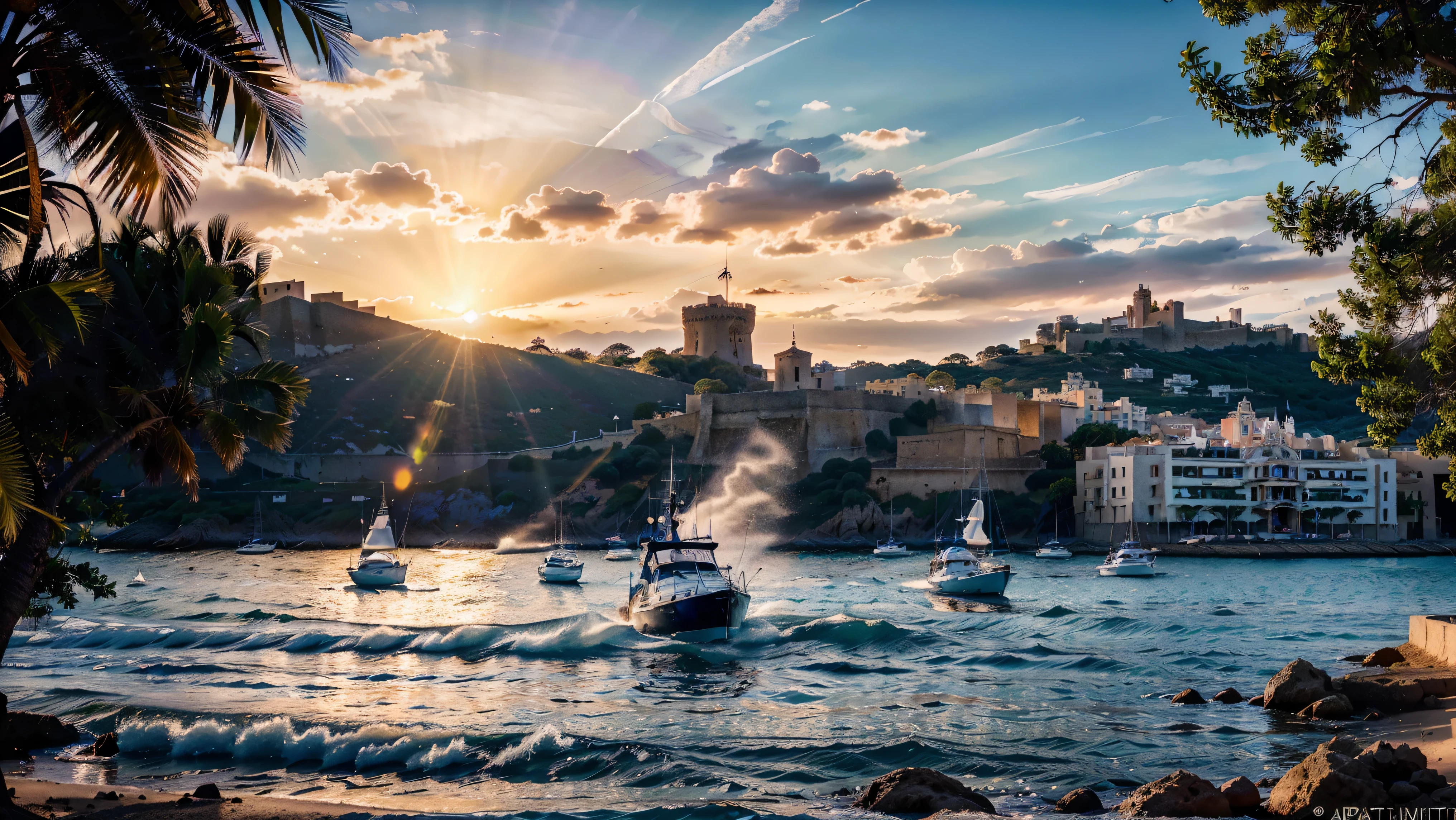 (Praia do Castelo de Ibiza em Ibiza, Espanha, Background with water, iates, barcos, arquitetura detalhada, Pessoas, atmosfera vibrante), (melhor qualidade,4k,8K,16k,Most High,Obra de arte:1.2),(realista,photorealista,photo-realista:1.37), (unidade CG extremamente detalhada, Papel de parede 16k), 16k uhd, 16KHD, Sharp focus Fujifilm XT3, Profissional lighting, cores vivas, detalhes intrincados, film grain, Fujifilm XT3 realista painting art, f5.6, physically based rendering, natural lighting, cinematic lighting ,dramatic lighting, Profissional, dynamic movement, colorful lighting, cores vibrantes, studio lighting, Profissional photography, film composition, symmetrical framing, paisagem,