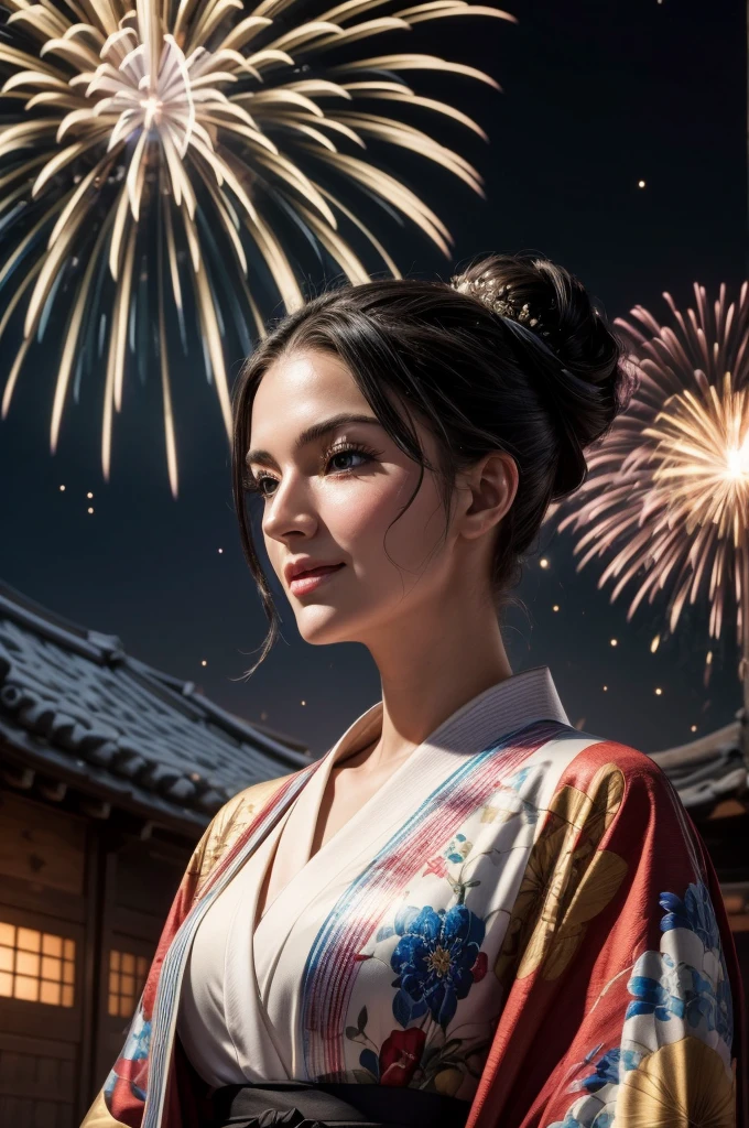 masterpiece, best quality, extremely detailed, hyperrealistic:1.1, photorealistic, a beautiful 20s russian model, ultra detailed face:1.1, white japanese yukata, black kimono cardigan, half updo, black hair, fireworks festival, detailed fireworks:1.1, fireworks burst in a multitude of vibrant hues, each explosion is intricately detailed with sparks and captivating rails, the night sky is clear and the stars twinkle in the background, medium shot, laughing