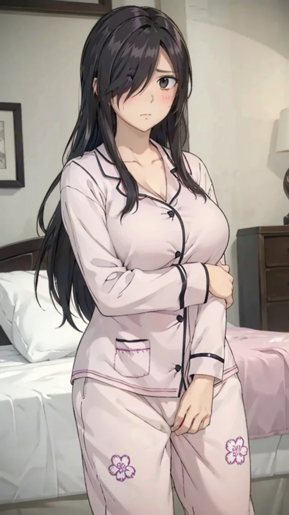 1girl, mature women,perfect ,black hair, long hair, (hair over one eye:1.4), messy hair, hair between eyes,plump ,saggy breast, flower motif pajama, cute shy blush on , bedroom 