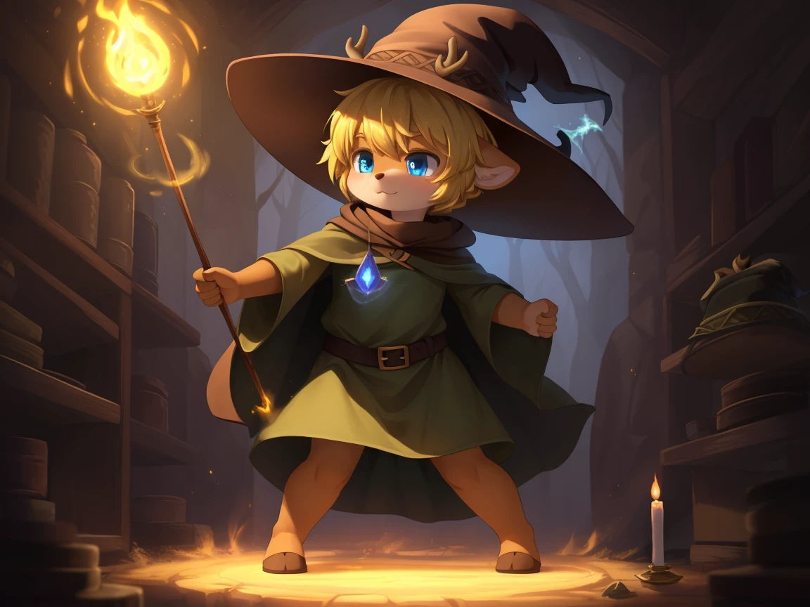 deer, solo, young, cub, chibi, (blue eyes), ((large witch hat)), ((brown hat)), ((brown cloak)), (long green tunic), (blonde hair), (short hair), short deer tail. ((light brown body)), (short brown antlers), short snout, ((((casting magic)))), magic, epic pose. dark dungeon background. Very good figure, best quality, highres, 16k, Natural soft light, Tyndall effect, Advanced film lighting, Unreal Engine5, Extremely realistic, A high resolution, perfect masterpiece, high quality, high resolution