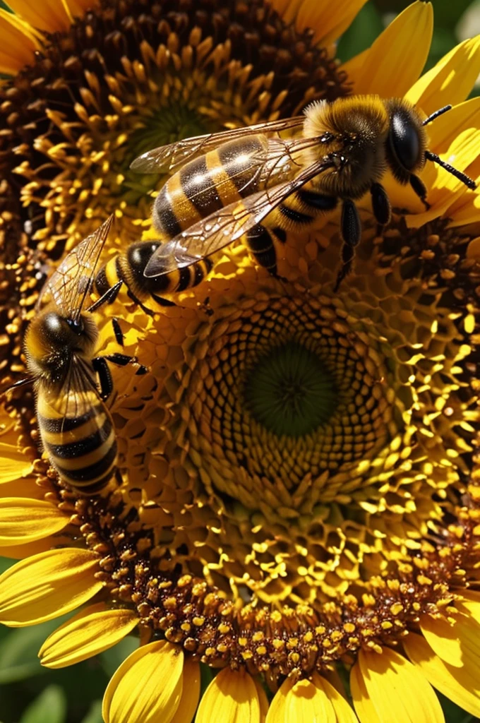 Una escenografia que contenga abejas, panales, flowers and the entire pollination process and how bees make honey