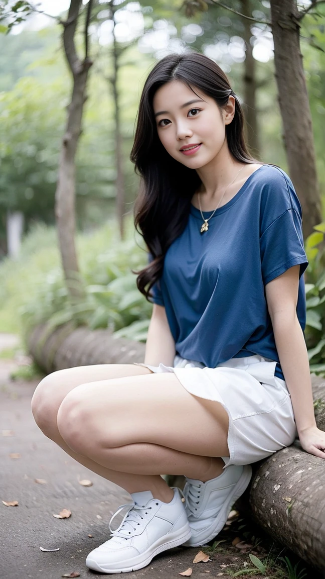 masterpiece, best quality, Surreal, Ultra Detailed, 8k resolution, RAW photos, Clear focus, (A girl in the forest),Asian woman in a blue top and white shorts posing for a photo, Full body posture, Solitary, Perfect body, Become a, 32 inches in the chest,(a charming smile:1), (sexy pose)，26 years old, light,White shoes，Nozomi Takemura, Yasumoto Oka, Chiho, Ogata Aoi, Motto Cave, Yoshitomo Nara, Kakinuchi Megumi, Harumi, Kojima De Ami, Beichuan Marin